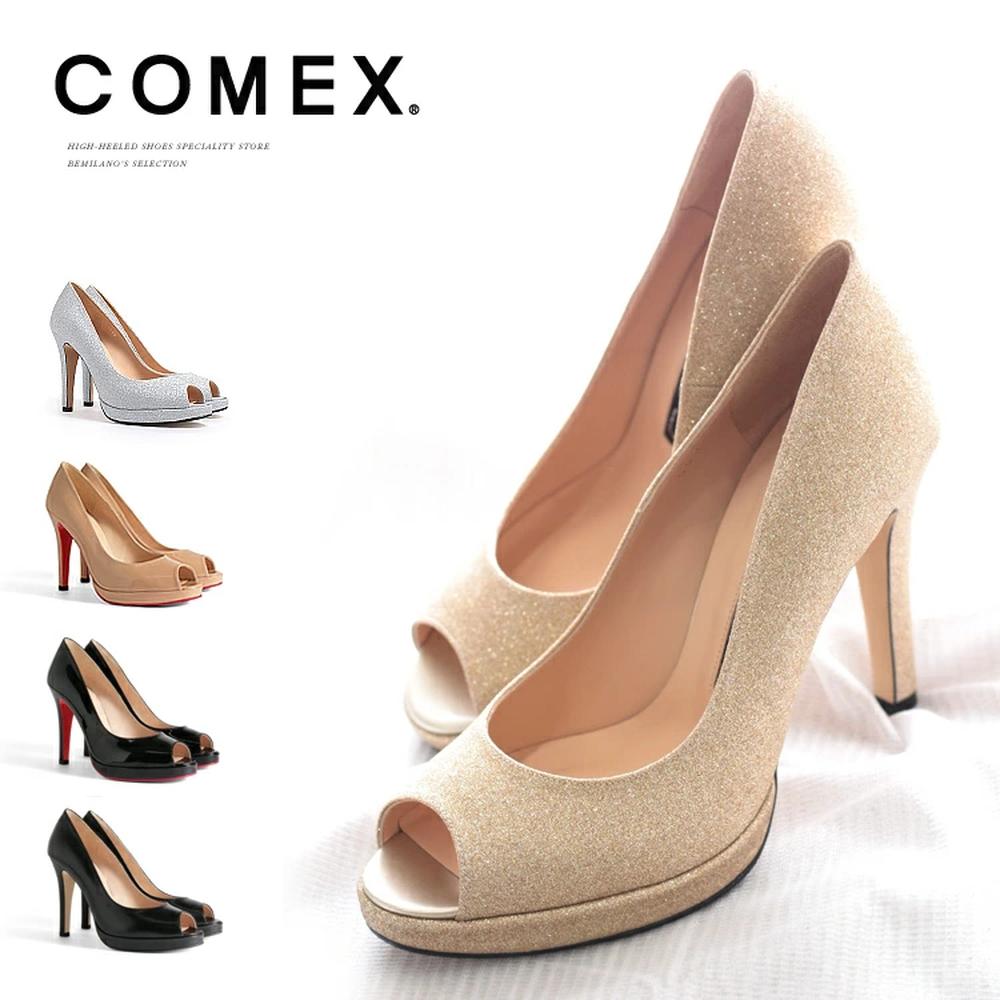[COMEX/コメックス] オープントゥ ピンヒール パンプス 本革 エナメル ラメ 10.5cmヒール 日本製 美脚 パーティー 結婚式 二次会 P-CO-5532A