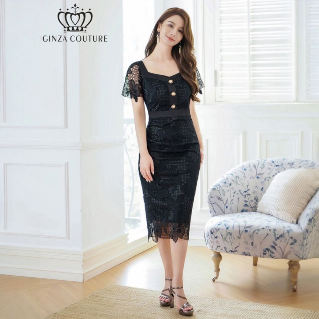 ERUKEI 黒 レース Vネック ノースリーブ タイトフィット ドレス 【公式