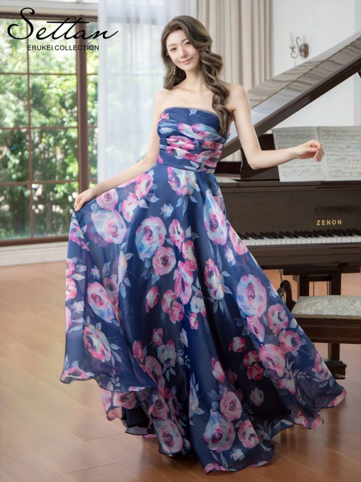 SETTAN]ホワイト×ピンクフラワープリント・ベア・Aライン・ロングドレス