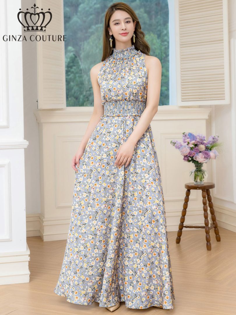 GINZA COUTURE] プリント 首元フリル ノースリーブ Aライン ロング 