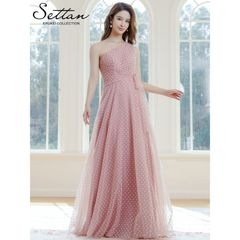 [SETTAN] 3color ワンショルダー ハートドット チュールレース ハイウエスト Aライン ロングドレス ピンクホワイト ベージュブラック ブラックホワイト エレガント シック キュート フ