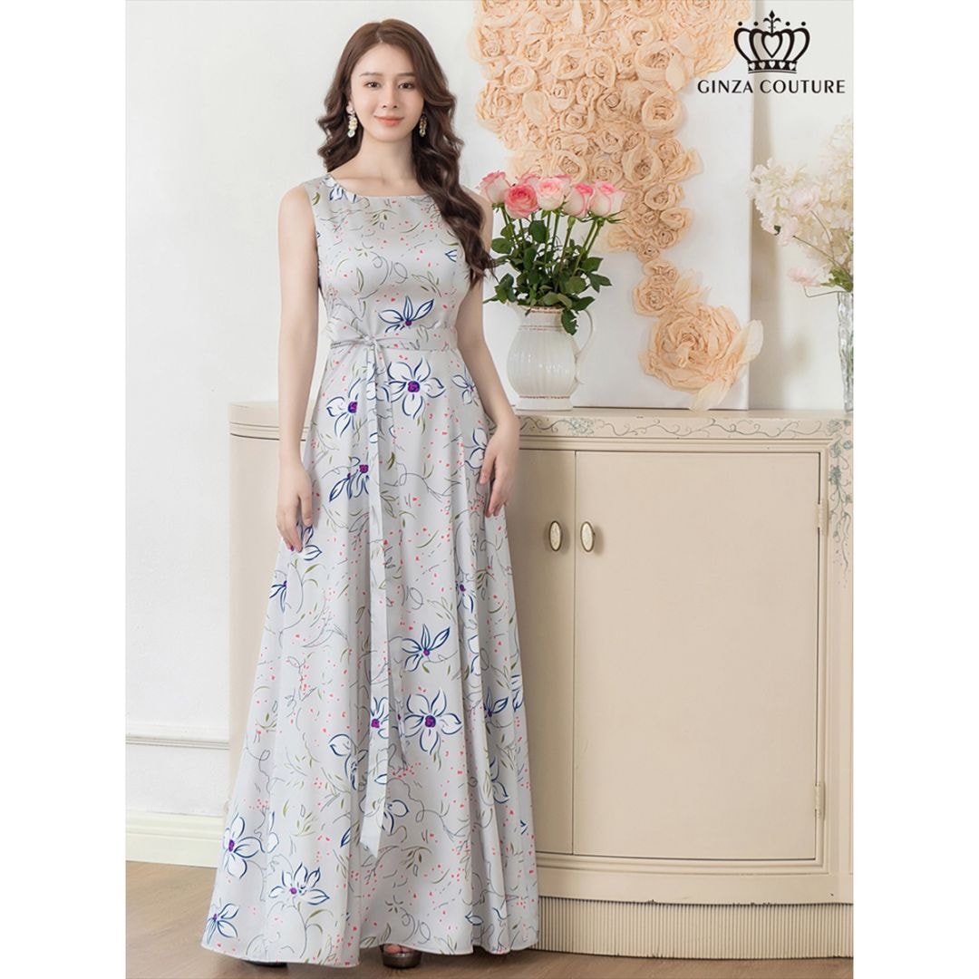 【SALE】【50%OFF】[GINZA COUTURE] 2color フラワープリント Aライン ノースリーブ ウエストリボン ロングドレス グレー ベージュ エレガント モダン シック キュート フォーマル ゴージャス 大きいサイズ 撮影 演奏会 発表会 ERUKEI LK エルケイドレス C24018