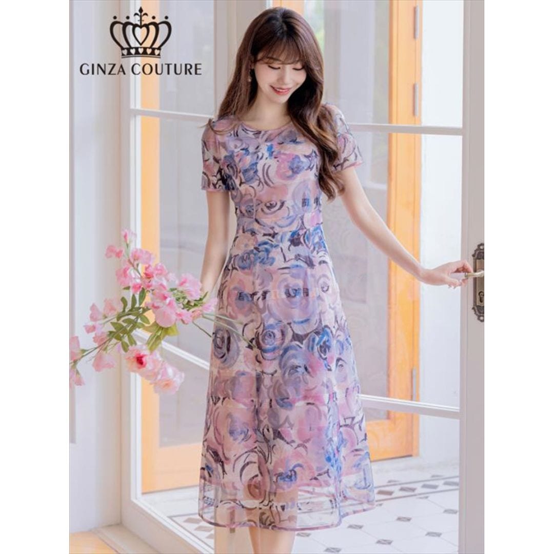 GINZA COUTURE] 花柄 半袖 チュール レース Aライン ミディアム
