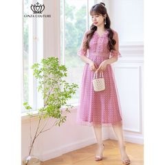 [GINZA COUTURE] 2color Vネック 5分袖 Aライン チェック プリント レース ミニドレス ワンピース ブルー ピンク エレガント モダン シック キュート フォーマル ゴージャ