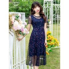 [GINZA COUTURE]  半袖 Aライン 総レース 刺繍 ドット レース ミディアムドレス ワンピース ネイビー エレガント モダン シック キュート フォーマル ゴージャス 大きいサイズ 撮
