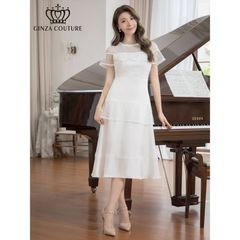 【SALE50％OFF】[GINZA COUTURE] 2color 半袖 ビーズ チュール レース Aライン ミディアムドレス ワンピース ホワイト ブラック エレガント モダン シック キュート 