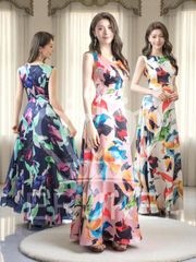 [GINZA COUTURE] 3color スカーフプリント ペインティング ノースリーブ Aライン ロングドレス ピンク ホワイト ネイビー エレガント モダン シック キュート フォーマル ゴー