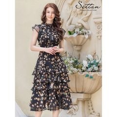 [SETTAN] フラワープリント ティアード フリル ミディアムドレス ワンピース ブラック エレガント モダン シック キュート フォーマル ゴージャス 大きいサイズ 撮影 演奏会 発表会 ERU