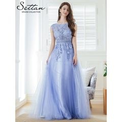 [SETTAN] ラメ レース オーガンジー ラインストーン 刺繍 ノースリーブ Aライン ロングドレス ブルー エレガント モダン シック キュート フォーマル ゴージャス 大きいサイズ 特別なイベ