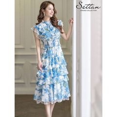 [SETTAN] 3color フラワープリント ティアード フリル プチハイネック ミディアムドレス ワンピース ホワイト×ブルー ブラック×ブルー ブラック×イエロー エレガント キュート フォー