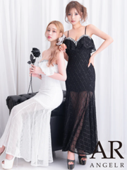 【Angel R/エンジェルアール】 2color ビジュー フリル ベアトップ ラメ メッシュ タイト ロングドレス ホワイト ブラック セクシー 華やか 高級感 きれいめ キャバドレス キャバクラ