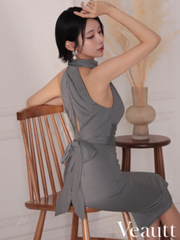 【Veautt/ヴュート】ハイネック バックオープン リボンデザイン ウエストマーク タイト ミディアムドレス ワンピース  エレガント セクシー 大人 上品 キャバドレス VT022522 (by 