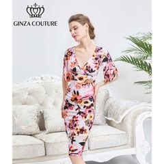 [GINZA COUTURE] 2color カシュクール風 リボン 花柄 パステル 五分袖 ミニドレス ワンピース ピンク ブルー エレガント モダン シック キュート フォーマル ゴージャス 大き