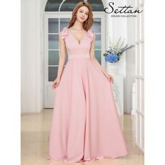 [SETTAN] 3color Vネック ノースリーブ シンプル サテン 上品 肩リボン 切替 Aライン ロングドレス ライトピンク オレンジ ホワイト エレガント モダン シック キュート フォーマ
