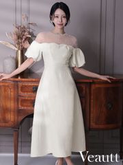 【Veautt/ヴュート】パール×シアー パフスリーブ Aライン ミディアムドレス 上品 可愛い 透け感 袖あり フォーマル 結婚式 二次会 パーティー キャバドレス VT082522 (by エンジ