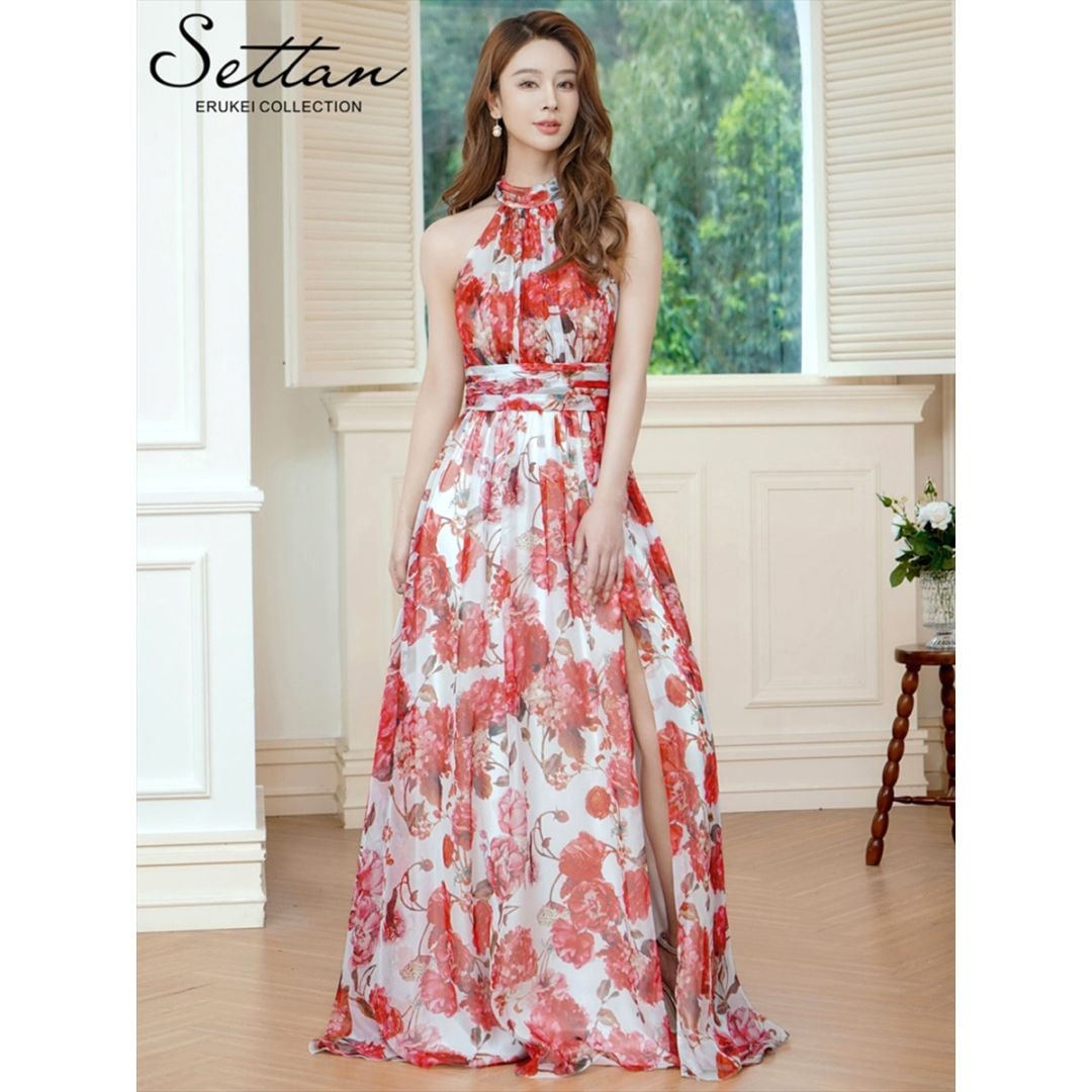 [SETTAN] 2color アメリカンスリーブ シフォン 花柄 プリント スリット セクシー Aライン ロングドレス レッド×ホワイト ピンク×ホワイト エレガント モダン シック キュート フォーマル ゴージャス 大きいサイズ 撮影 演奏会 発表会 ERUKEI LK エルケイドレス S37907