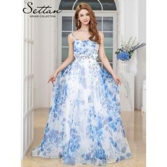 [SETTAN] 2color 立体フラワー ラメ プリント 花柄 レース キャミソール スピンドル Aライン ロングドレス ホワイト×ブルー ホワイト×ピンク エレガント モダン シック キュート 