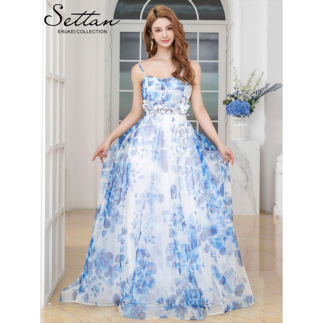 [SETTAN] 2color 立体フラワー ラメ プリント 花柄 レース キャミソール スピンドル Aライン ロングドレス ホワイト×ブルー ホワイト×ピンク エレガント モダン シック キュート フォーマル ゴージャス 大きいサイズ 撮影 演奏会 発表会 ERUKEI LK エルケイドレス S2749