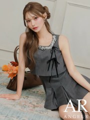 【Angel R/エンジェルアール】 4color ビジュー付き ノースリーブ トップス付き 2way仕様 プリーツ ミニドレス ワンピース グレー アイボリー モカベージュ レッド キュート エレガ