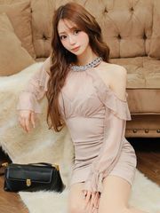 【Angel R/エンジェルアール】4color ビジュー付 オフショルダー フリルスリーブ ホルターネック シアー マイクロミニ タイト ミニドレス キャバドレス ネイビー ライトベージュ ホワイト