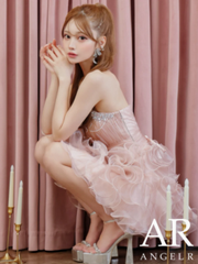 【AngelR/エンジェルアール】ビジュー パールチェーン フリル ボリューム ミニドレス ベアトップ AR25340 ホワイト ピンク レッド ロイヤルブルー グレー|ミニドレス|AngelR エン