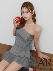 【予約】10月上旬〜10月中旬入荷予定【AngelR/エンジェルアール】3color チェック柄 ベアトップ フリル チュール フレア マイクロミニドレス グレー ベージュ ブラウン 大人可愛い セッ