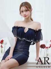 【予約】10月中旬〜10月下旬入荷予定【AngelR/エンジェルアール】3color オフショルダー シフォン フリル ビジュー Vカット ラメ タイト ミニドレス ネイビー／アイボリー／ピンク エレ