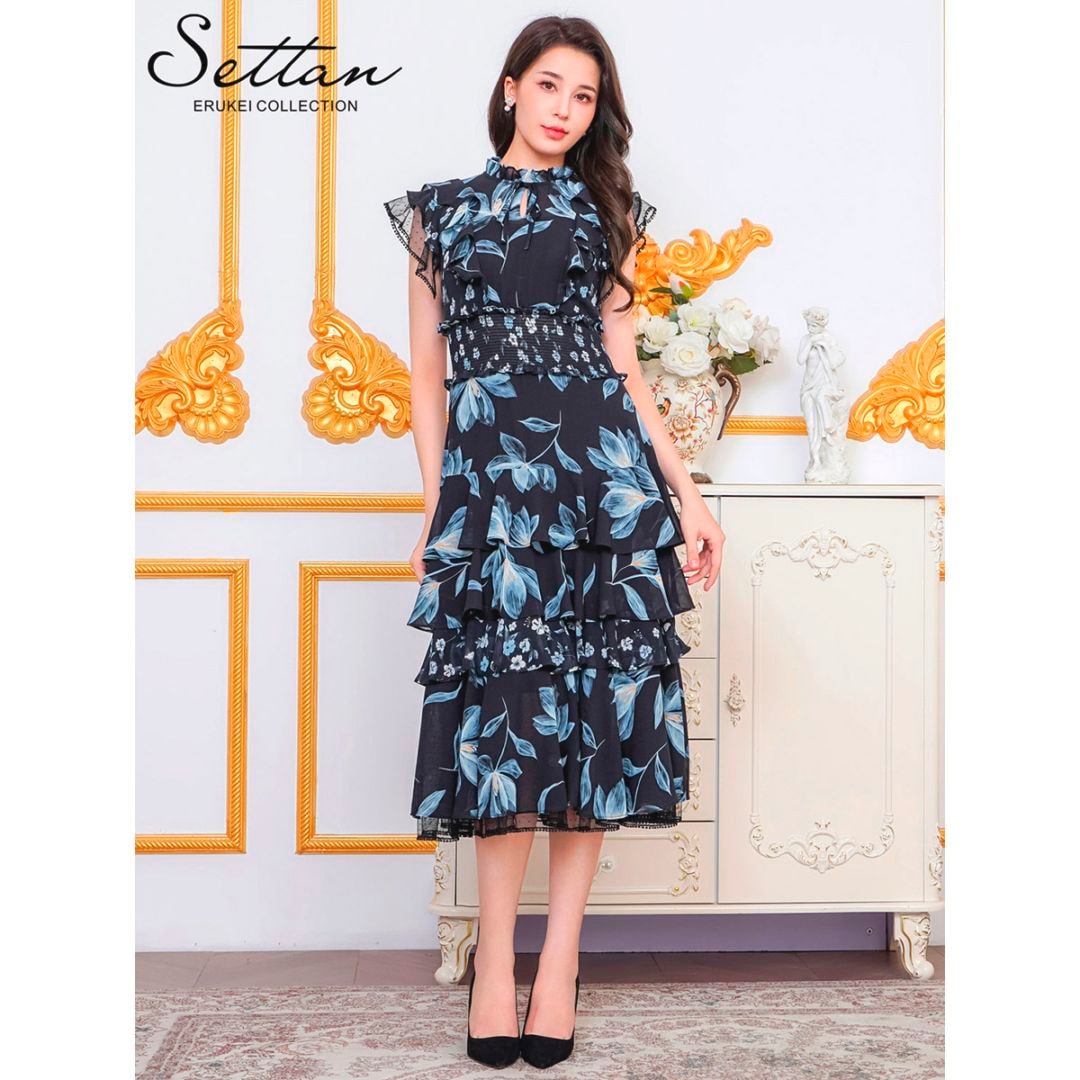 [SETTAN] 花柄 プリント シフォン ティアード フリル プチハイネック Aライン ミディアムドレス ワンピース ブラック×ブルー エレガント モダン シック キュート フォーマル ゴージャス 大きいサイズ 特別なイベント 衣装 撮影 演奏会 発表会 LK エルケイ ERUKEI S91208