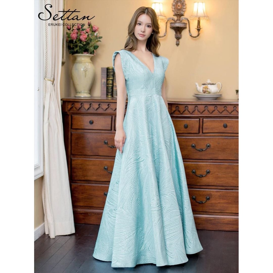 [SETTAN] 2color シンプル ジャガード ハイウエスト フリルスリーブ Vネック Aライン ロングドレス ブルー ホワイト エレガント モダン シック キュート フォーマル ゴージャス 大きいサイズ 特別なイベント 衣装 撮影 演奏会 発表会 LK エルケイ ERUKEI S22106