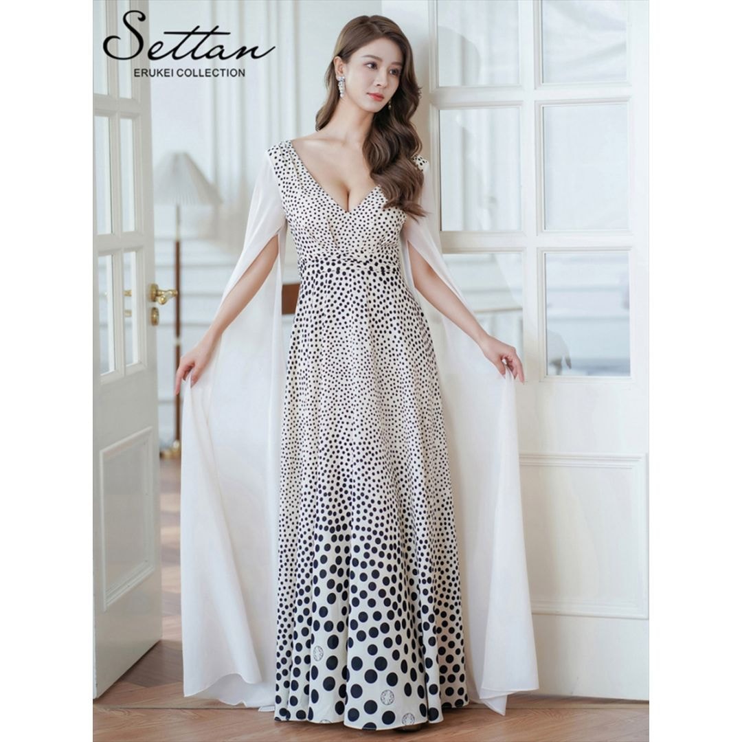 [SETTAN] ドットグラデーション ランダムドット マントスリーブ ハイウエスト Aライン ロングドレス ベージュ×ブラック エレガント モダン シック キュート フォーマル ゴージャス 大きいサイズ 特別なイベント 衣装 撮影 演奏会 発表会 LK S25247