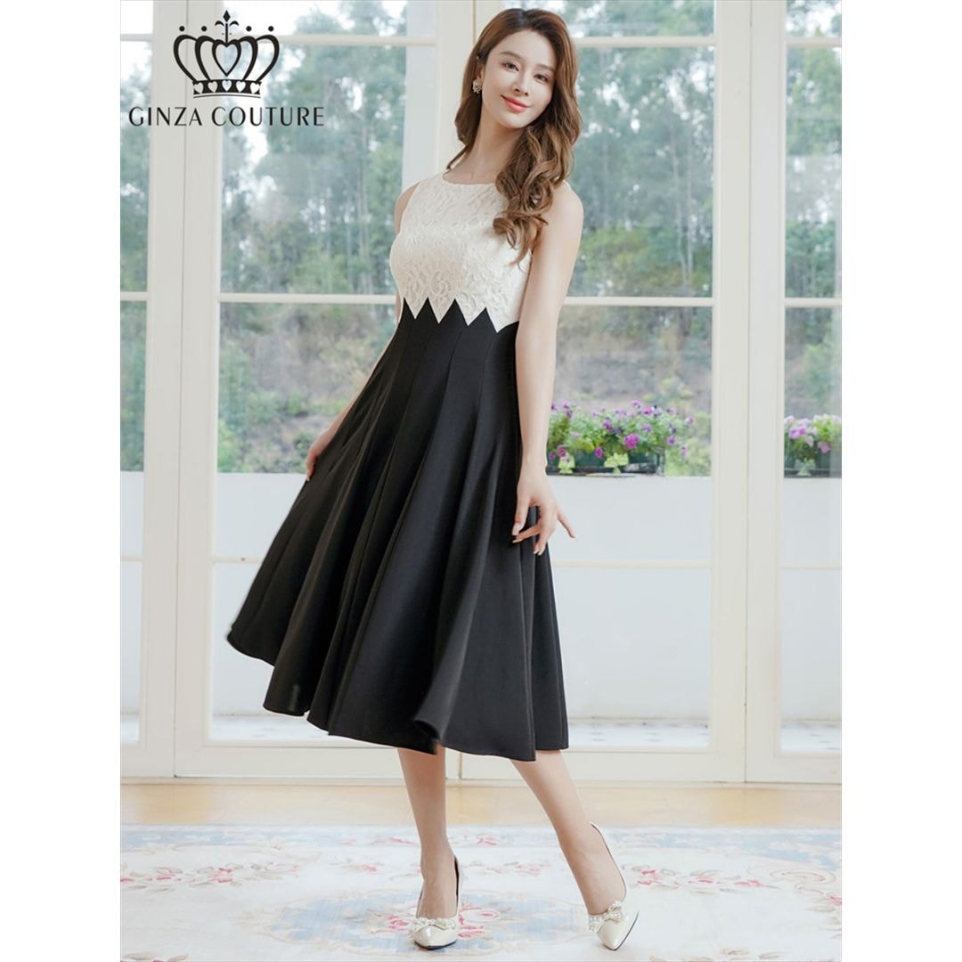 [GINZA COUTURE]  バイカラー シェブロン切替 ノースリーブ ハイウエスト Aライン ミディアムドレス ワンピース ホワイト×ブラック エレガント モダン シック キュート フォーマル ゴージャス 大きいサイズ 撮影 演奏会 発表会 雪丹 LK エルケイドレス C25079