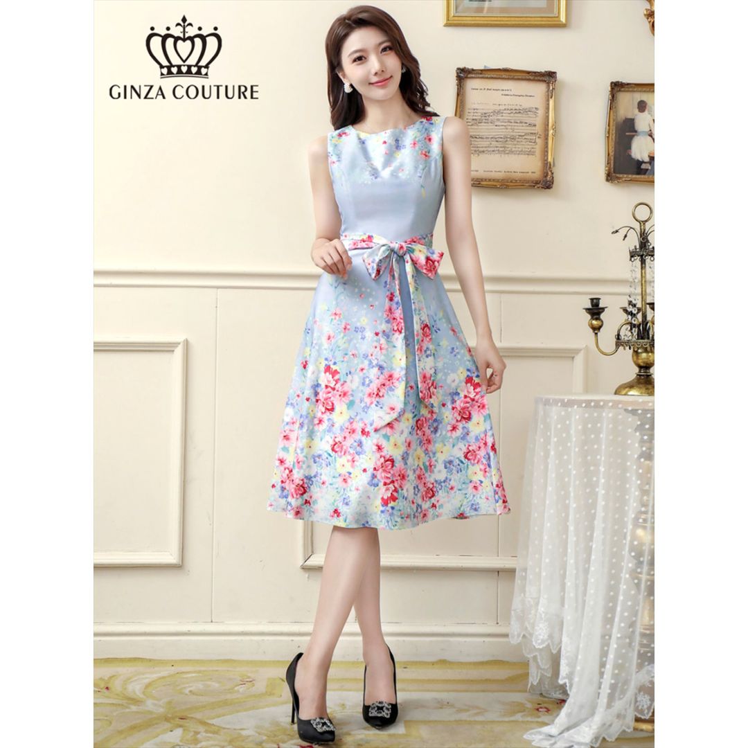 [GINZA COUTURE]  花柄 プリント リボン Aライン フレア 膝丈 ミニドレス ワンピース ブルー エレガント モダン シック キュート フォーマル ゴージャス 大きいサイズ 撮影 演奏会 発表会 LK エルケイドレス C22005