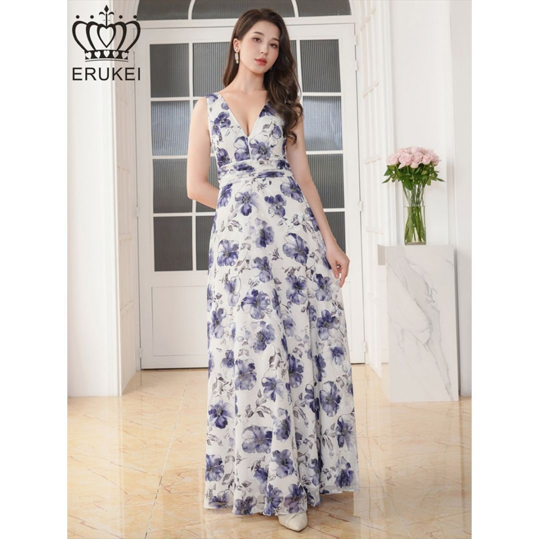 [ERUKEI] プリント 花柄 ジャガード Vネック ハイウエスト フレア Aライン ロングドレス ホワイト×ブルー エレガント モダン シック キュート フォーマル ゴージャス 大きいサイズ 特別なイベント 衣装 撮影 演奏会 発表会 LK E34112