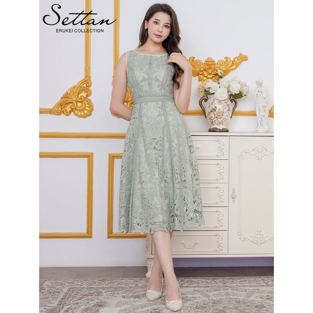 [SETTAN] 2color 総レース ノースリーブ パイピング ハイウエスト Aライン ミディアムドレス ワンピース グリーン ホワイト エレガント モダン シック キュート フォーマル ゴージャス 大きいサイズ 特別なイベント 衣装 撮影 演奏会 発表会 雪丹 LK エルケイ ERUKEI S25085