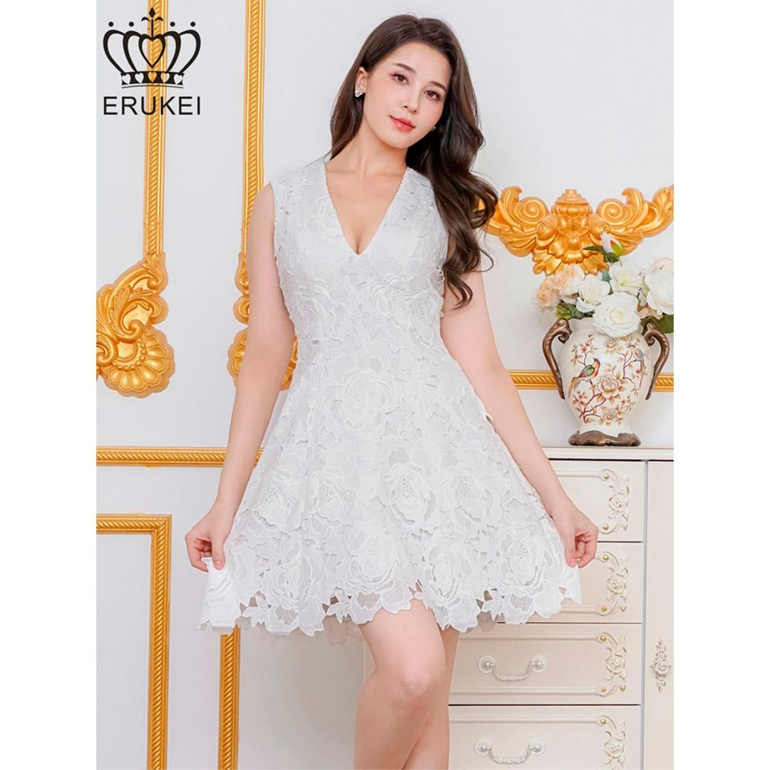 [ERUKEI] 3color 総レース ケミカルレース ノースリーブ Vネック Aライン ミニドレス ワンピース ホワイト ブルー ワインレッド エレガント モダン シック キュート フォーマル ゴージャス 大きいサイズ 特別なイベント 衣装 撮影 演奏会 発表会 LK E25188