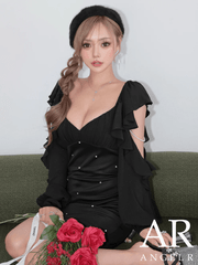 予約(11月上旬〜11月中旬入荷予定)【AngelR/エンジェルアール】ロングスリーブ フリル ショルダーカット パールチェーン ビジュ タイト ミニドレス ブラック ベージュ グレー グリーン AR
