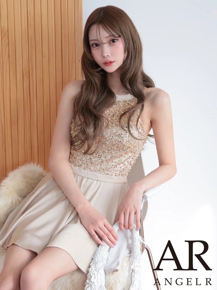 予約(11月中旬～11月下旬入荷予定)【AngelR/エンジェルアール】スパンコール ビジュー ホルターネック フレア ミニドレス AR25254 ベージュ ネイビー フェミニン 上品 キュート キャバドレス ナイトドレス パーティードレス
