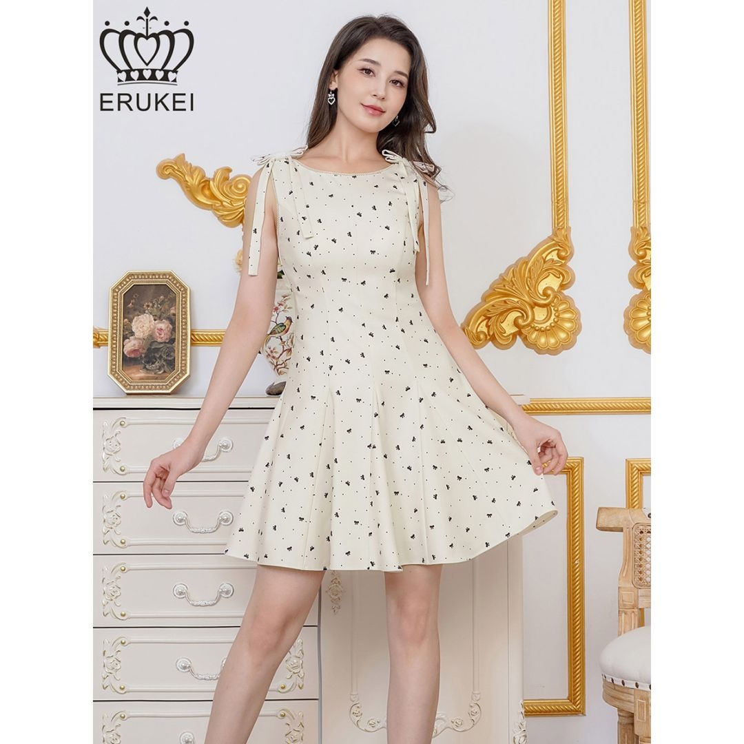 [ERUKEI] リボン柄 プリント ノースリーブ 肩リボン Aライン フレア ミニドレス ワンピース アイボリー×ブラック モダン シック キュート フォーマル ゴージャス 大きいサイズ 特別なイベント 衣装 撮影 演奏会 発表会 雪丹 LK E25133