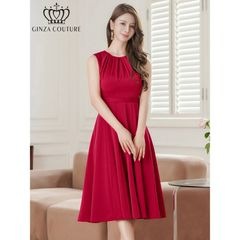 [GINZA COUTURE] ワンカラー サテン シンプル ノースリーブ 切替 Aライン フレア ミディアムドレス ワンピース ワインレッド エレガント モダン シック キュート フォーマル ゴージ