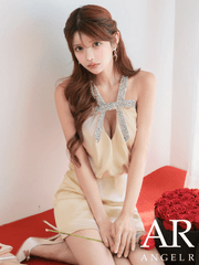 予約(11月中旬〜11月下旬入荷予定)【AngelR/エンジェルアール】ネックビジュー クロスデザイン サテン ブラウジング タイト ミニドレス ワンピース ベージュ ホワイト ブラック レッド 上品