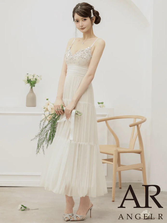 予約(12月上旬～12月中旬入荷予定)【AngelR/エンジェルアール】 クリアビジュー×ティアードチュール ロングドレス キャミ マキシ丈 フレア 上品 可愛い ベージュ アイスグレー ブルー AR25877