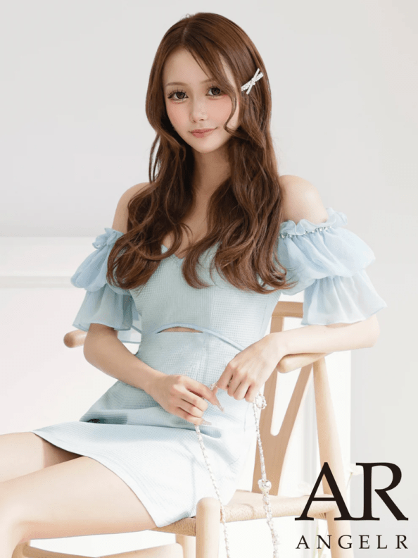 オフショルダー シフォンフリル ミニドレス ウエストカット ストレートライン ブルー ホワイト ベージュ ネイビー AR25874【AngelR/エンジェルアール】 