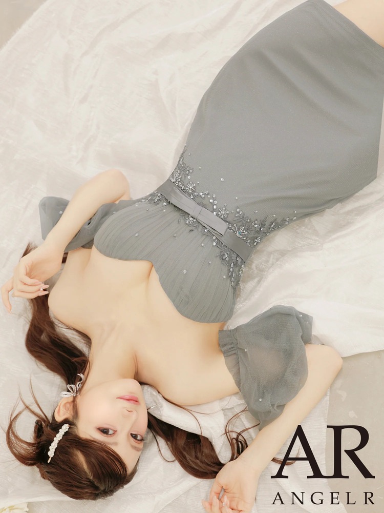 予約(12月上旬～12月中旬入荷予定)ビジュー刺繍×チュールパフスリーブ 2WAY ハートカット タイト ミニドレス グレー ベージュ アイボリー ティールブルー ピンク AR25876【AngelR/エンジェルアール】 