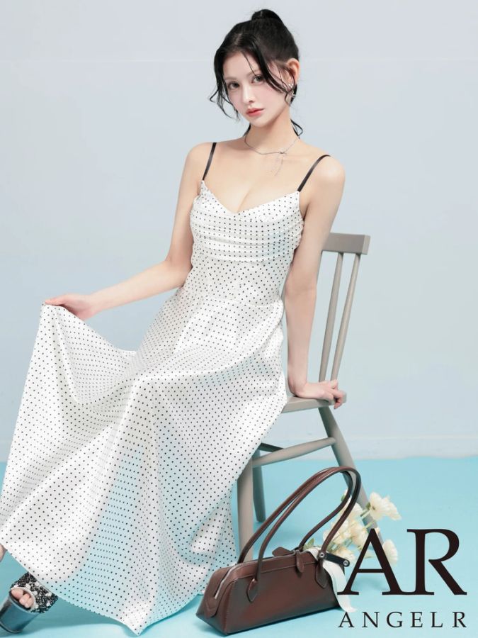 ドット柄 バストシャーリング キャミソール フレア ロングドレス クラシカル 上品 キャバドレス AR26205 ラウンジ クラブ 上品 セクシー【AngelR/エンジェルアール】 