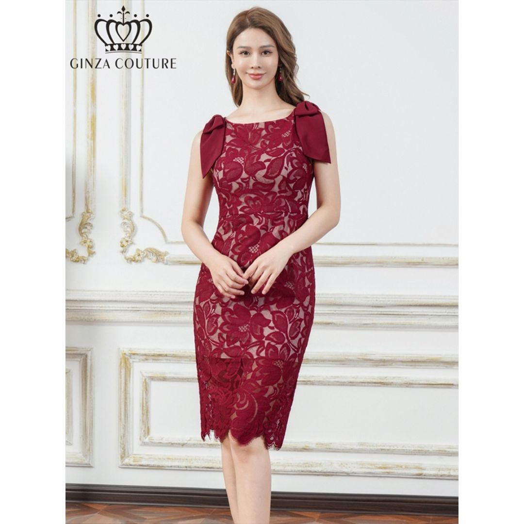 [GINZA COUTURE]  総レース 肩リボン ノースリーブ タイト ミディアムドレス ワンピース レッド エレガント モダン シック キュート フォーマル ゴージャス 大きいサイズ 撮影 演奏会 発表会 LK エルケイドレス C25302