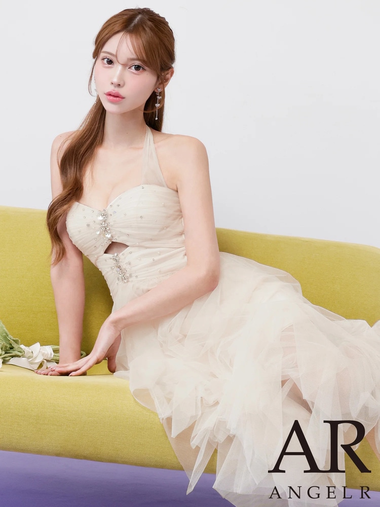 AngelR AR26808 ロングドレス ネックリボン×フロントビジュー ウエストカット チュールフレア メッシュ ストレッチ アイボリー ベージュ イエロー ピンク