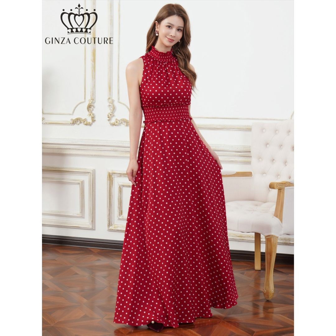 [GINZA COUTURE]  2color  ドット 首元フリル ウエストマーク マキシ アメリカンスリーブ Aライン ロングドレス レッド×ホワイト ホワイト×ブラック エレガント シック キュート フォーマル ゴージャス 大きいサイズ 撮影 演奏会 発表会 雪丹 LK エルケイドレス C26165