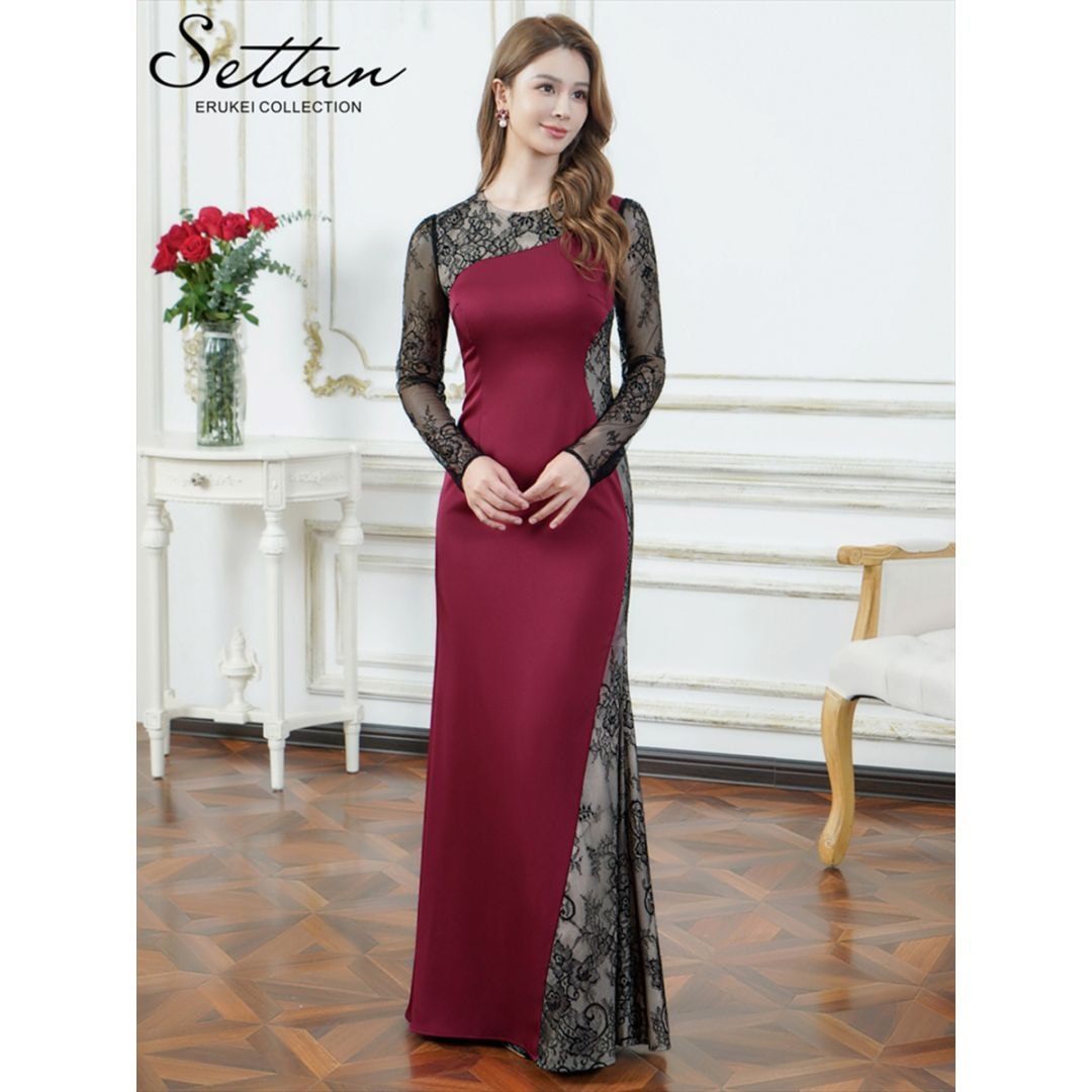 [SETTAN] サテン レース 長袖 タイトスリーブ シアー タイト マーメイド ロングドレス レッド×ブラック モダン シック キュート フォーマル ゴージャス 大きいサイズ 特別なイベント 衣装 撮影 演奏会 発表会 雪丹 LK S25301