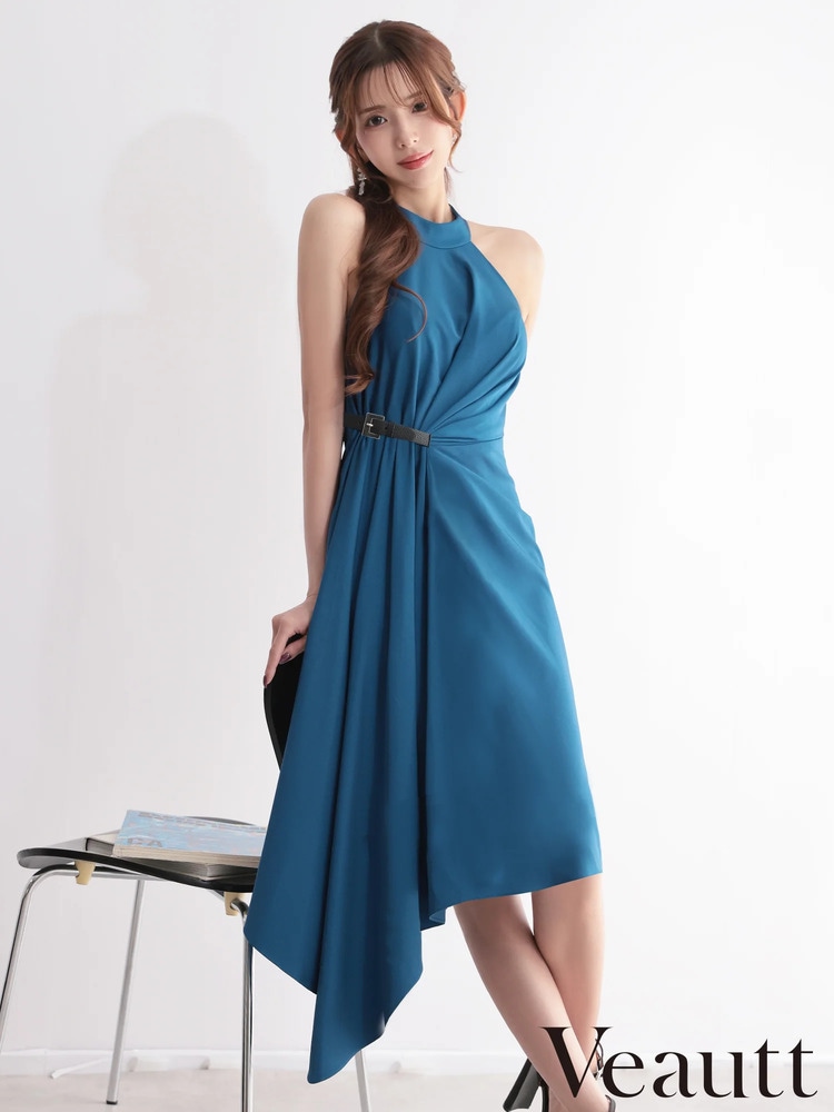 予約(1月中旬～1月下旬入荷予定)Veautt VT022601 ミディアムドレス タイト アシンメトリーホルターネック ウエストクロス サイドカット ストレッチ 上品 大人 アイボリー ブラック グリーン グレー