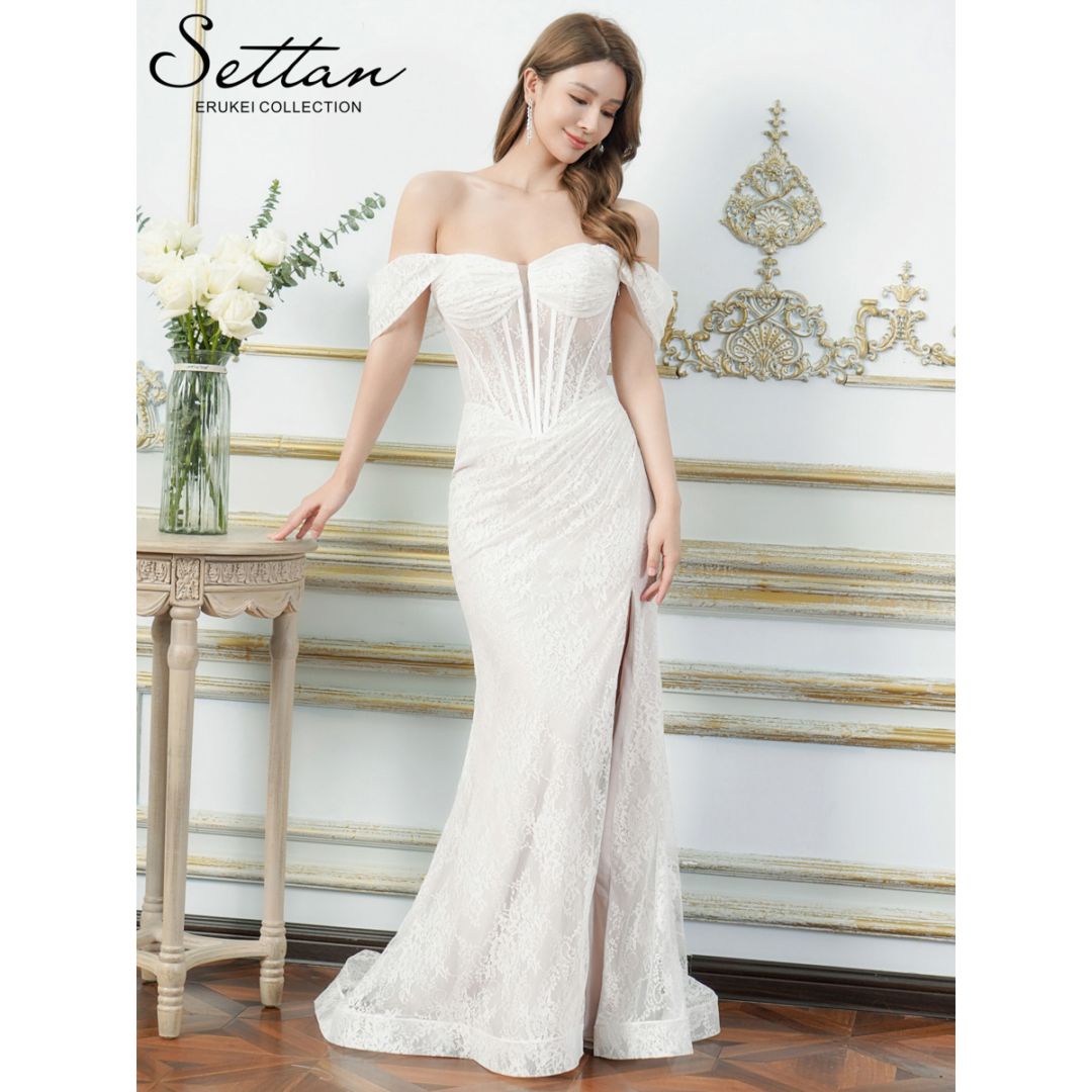 [SETTAN] 2color 総レース オフショルダー コルセット風 スピンドル シアー ギャザー スリット タイト マーメイド ロングドレス 上品 大人 セクシー 結婚式 披露宴 二次会 パーティー 演奏会 発表会 ステージ 衣装 撮影 ナイトワーク ラウンジ 大きいサイズ 雪丹 LK S37220